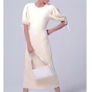 English Factory Cream Sheath Midi Dress with Puff Sleeves